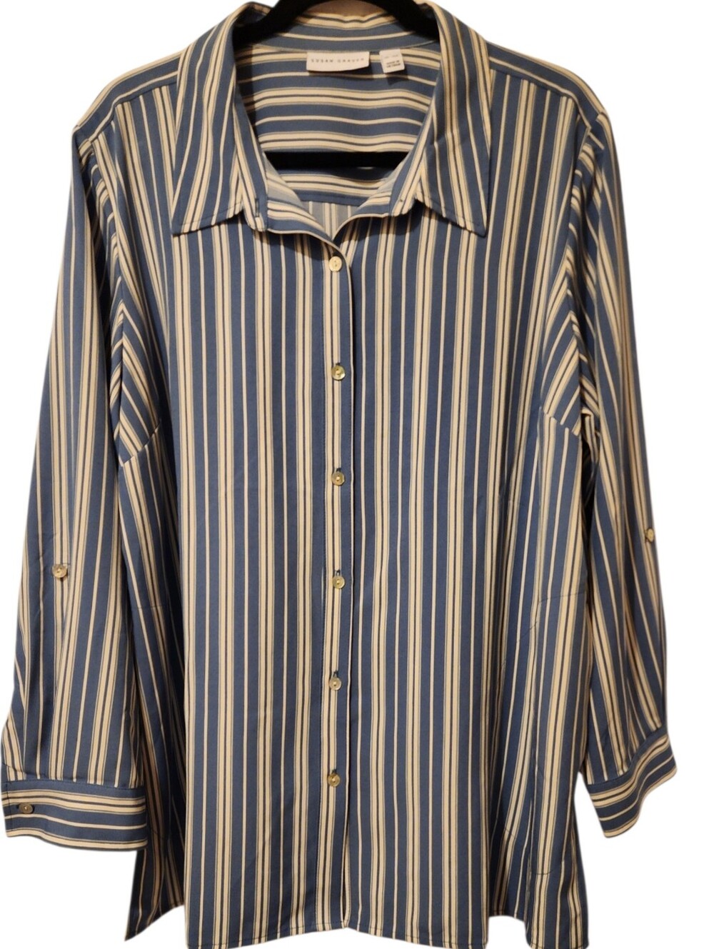 Susan Graver PXL Woven Stretch Shirt Roll Tab Sleeves Chambray Blue & Cream New